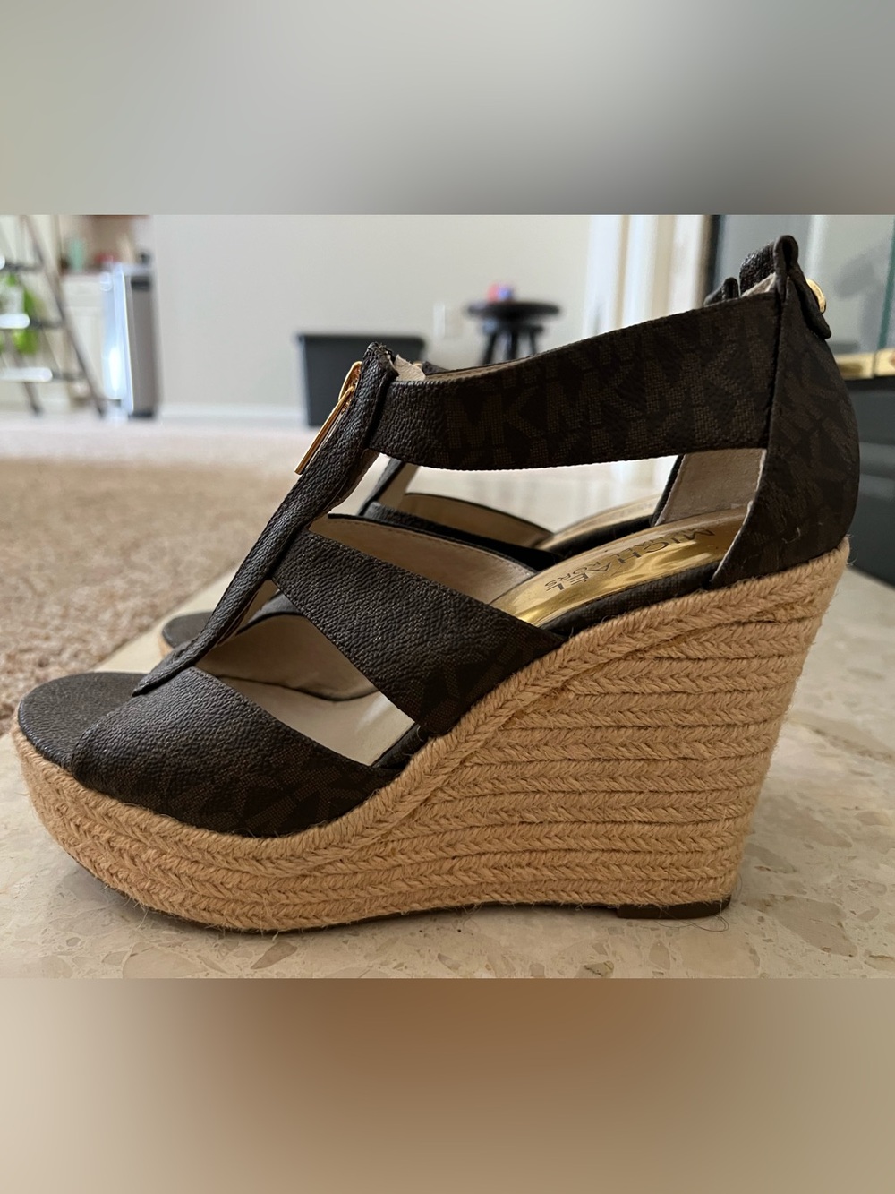 Michael Kors Dark Brown Logo Espadrille Wedge Sandals (7M)